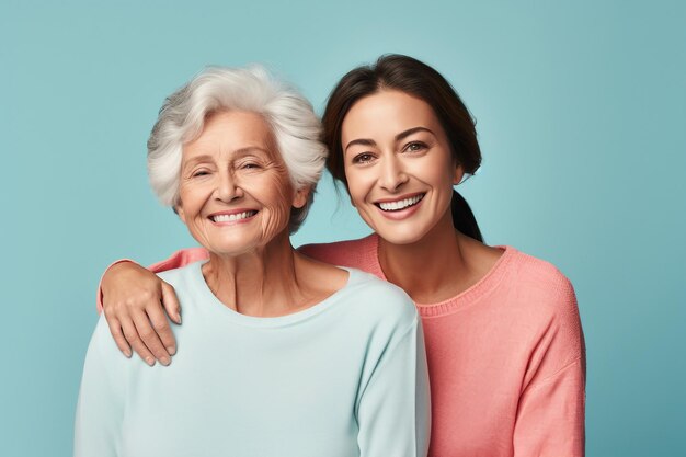 Eine Großmutter und Tochter auf einem schlichten blauen Hintergrund