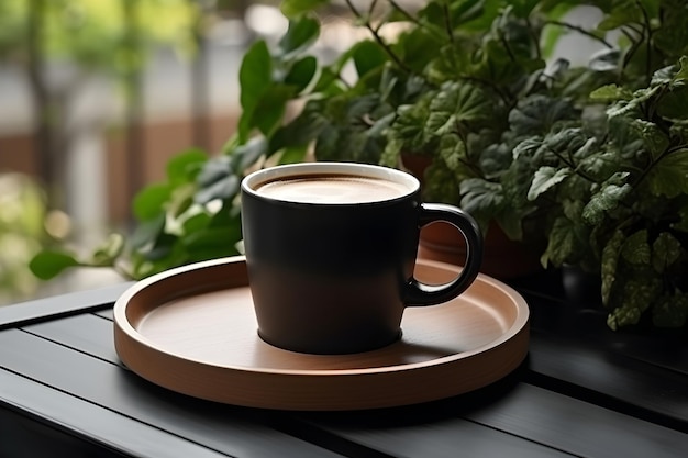 Eine großzügige Tasse Kaffee auf einem Holztablett