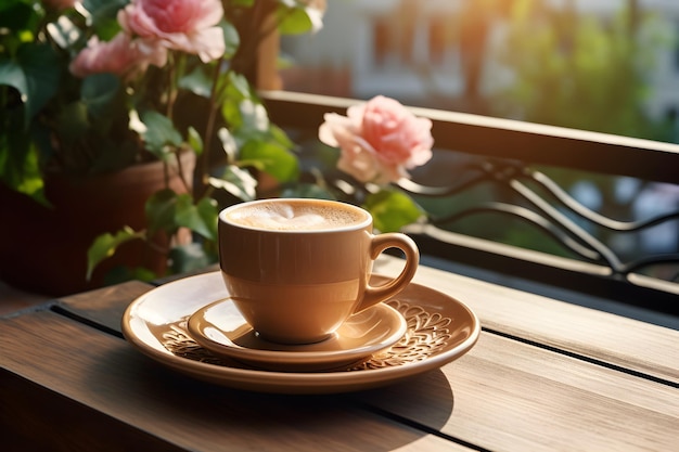 Eine großzügige Tasse Kaffee auf einem Holztablett