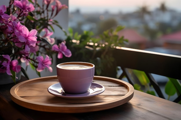 Eine großzügige Tasse Kaffee auf einem Holztablett