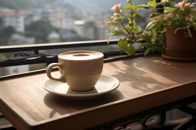 Eine großzügige Tasse Kaffee auf einem Holztablett