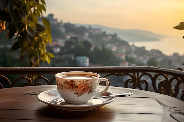 Eine großzügige Tasse Kaffee auf einem Holztablett