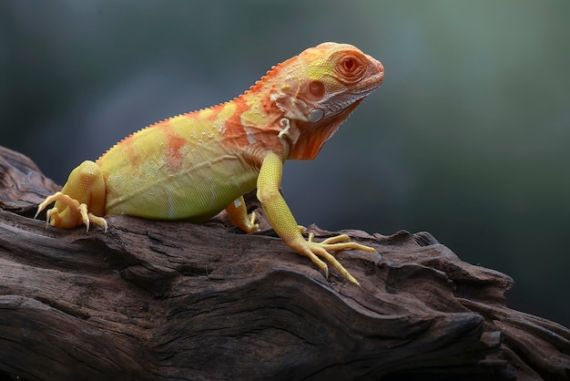 Eine grün-orangefarbene Eidechse mit rotem Kopf und weißem Schwanz sitzt auf einem Baumstamm