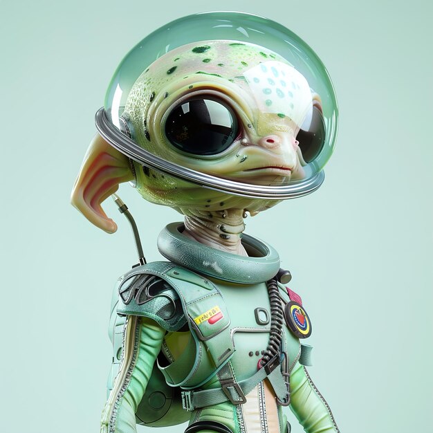 eine grüne Außerirdische Puppe mit einem Helm und dem Wort Außerirdischer darauf