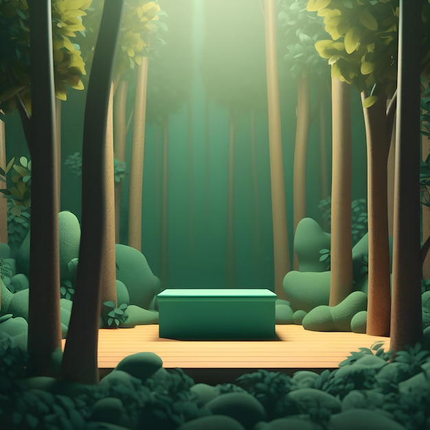 Eine grüne Bank in einem Wald, auf die Licht scheint.