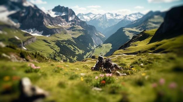Eine grüne Berglandschaft mit einem Berg im Hintergrund