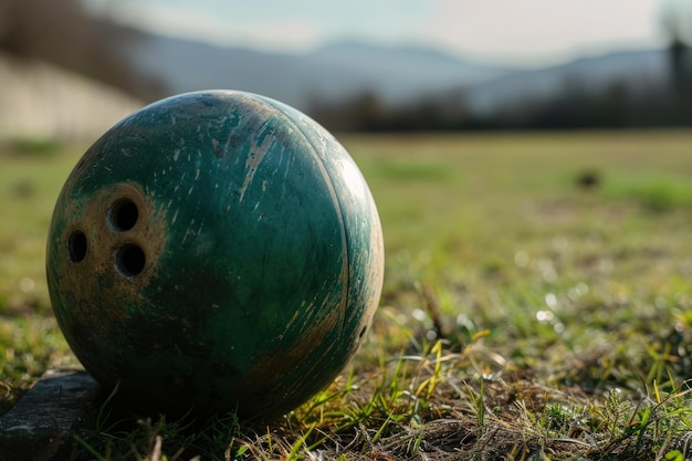 Eine grüne Bowlingkugel auf Gras