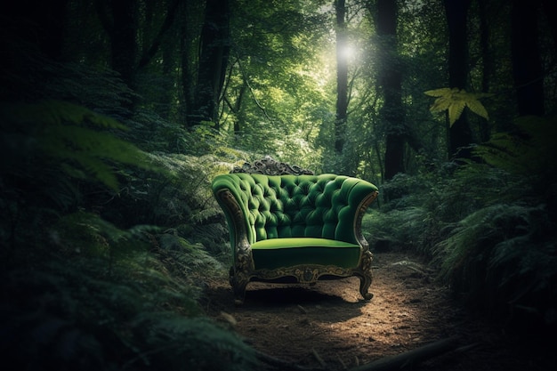 Eine grüne Couch in einem Wald mit einem grünen Stuhl in der Mitte.