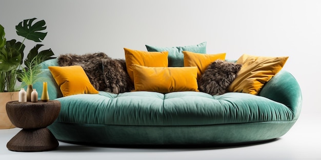 eine grüne Couch mit einem grünen Kissen mit der Aufschrift „Fell“