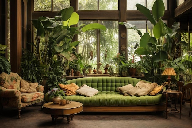 Eine grüne Couch mit Pflanzen und Pflanzen in einem Raum mit einer grünen Couch.