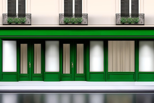 Eine grüne europäische Vintage-Ladenfassaden-Schaufensterschablonenillustration mit einem Balkon