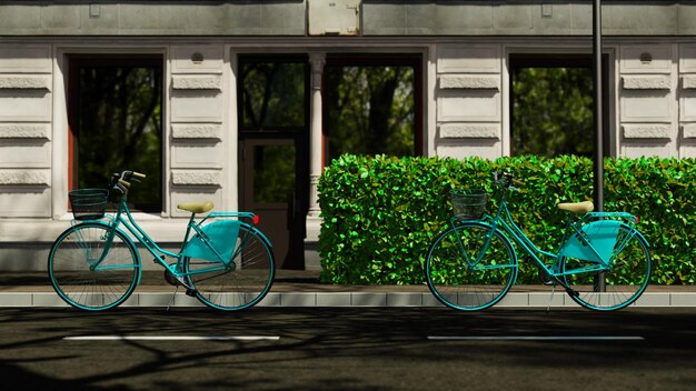 Eine grüne Hecke ist hinter zwei Fahrrädern.
