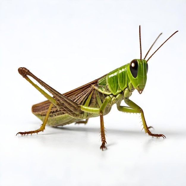 eine grüne Heuschrecke mit einem schwarzen Auge und einem schwarz Auge