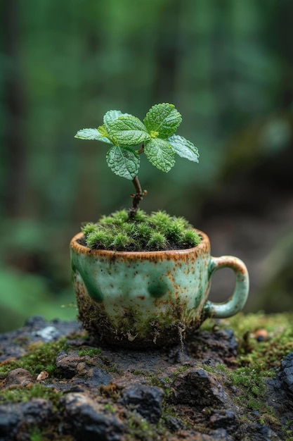 Eine grüne junge Pflanze in einem Blumentopf, die Samen in einem Glas keimt
