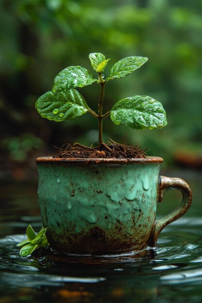 Eine grüne junge Pflanze in einem Blumentopf, die Samen in einem Glas keimt