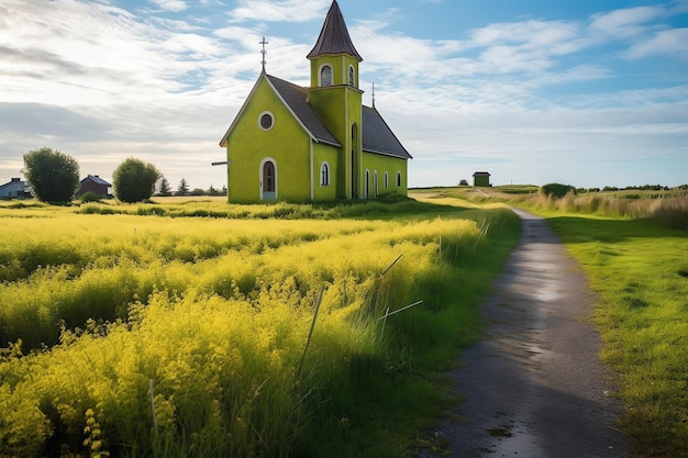 Eine grüne Kirche in einem Feld aus gelben Blumen