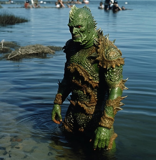 Eine grüne Kreatur mit einem Dreizack im Wasser
