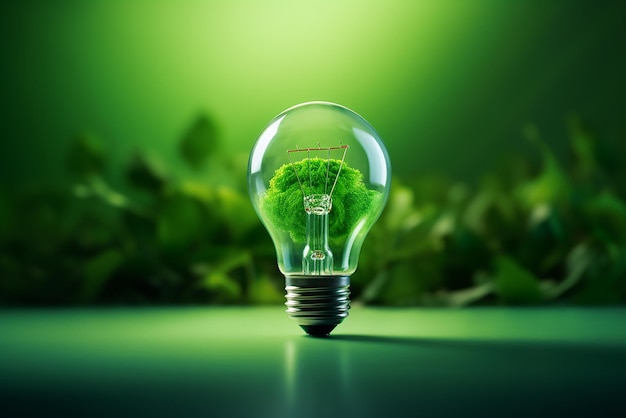 Eine grüne Lampe und Blätter im Hintergrund, die grüne Energie symbolisieren