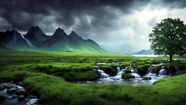 Eine grüne Landschaft mit Bergen im Hintergrund