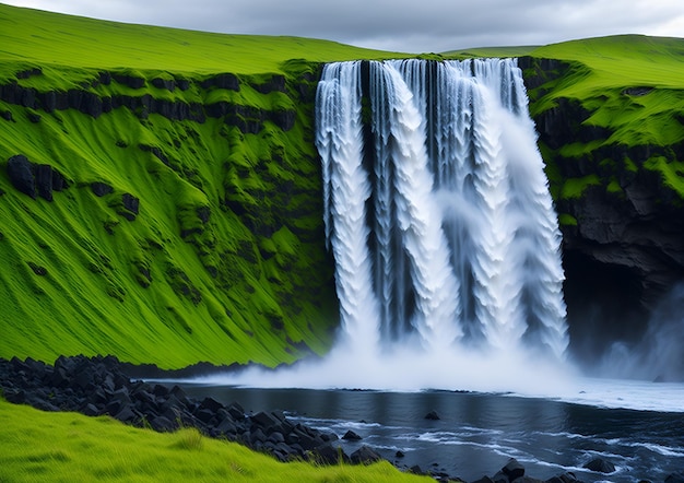 Eine grüne Landschaft mit einem Wasserfall im Vordergrund und einer grünen Landschaft