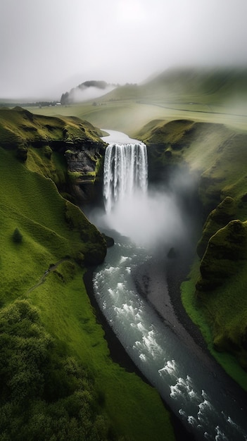 Eine grüne Landschaft mit einem Wasserfall und einer grünen Wiese mit einer weißen Wolke