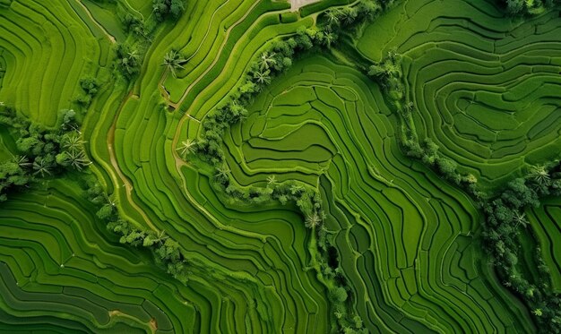 eine grüne Landschaft mit Reisterrassen und Bäumen