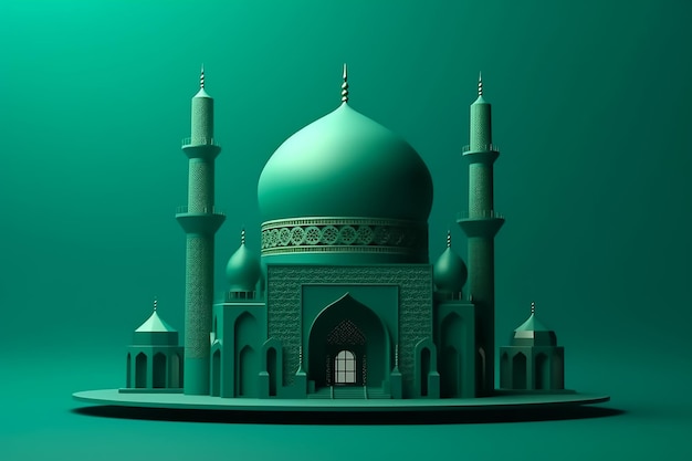 Eine grüne Moschee mit blauer Kuppel und grünem Hintergrund.