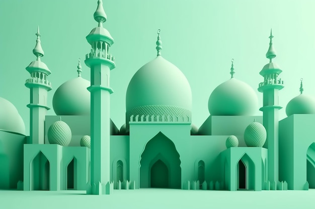 Eine grüne Moschee mit einem Minarett in der Mitte.