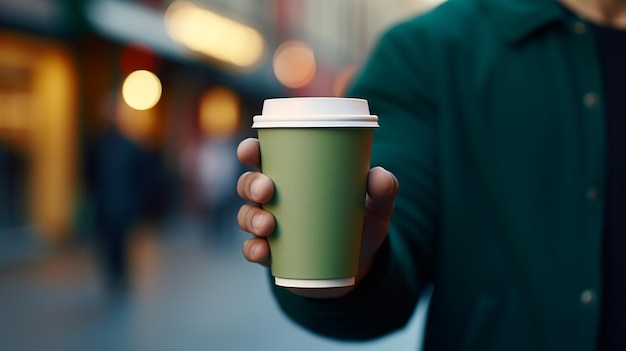 Foto eine grüne papiertasse mit tee in der hand