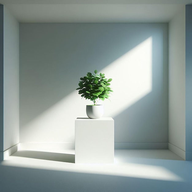 Eine grüne Pflanze in einem leeren weißen Raum