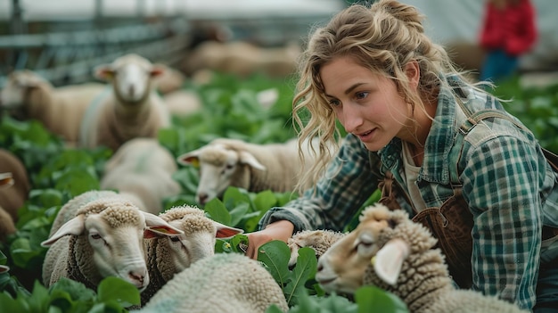 Eine grüne Pflanze steht vor einer Frau, die Schafe in einem verschwommenen Hintergrund füttert.