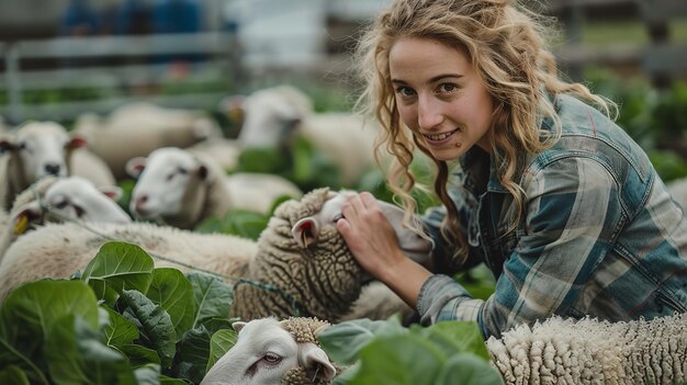 Foto eine grüne pflanze steht vor einer frau, die schafe in einem verschwommenen hintergrund füttert.