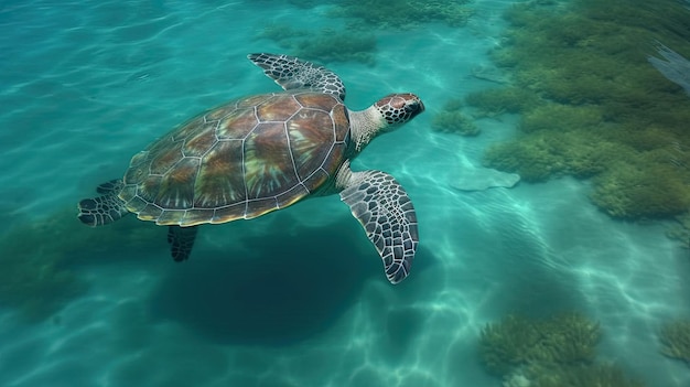 Eine grüne Schildkröte schwimmt im Ozean Generative Ai