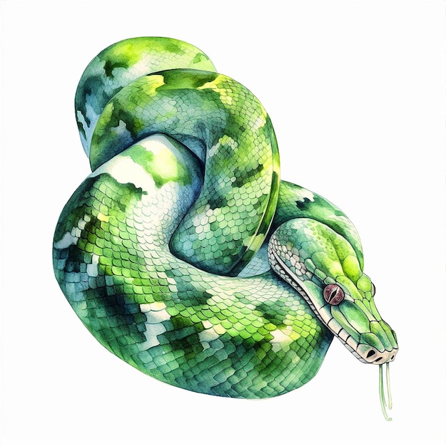 Eine grüne Schlange mit rotem Auge ist zusammengerollt.