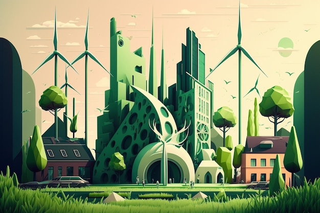Eine grüne Stadt mit einer grünen Stadt und einem Gebäude mit einer großen Anzahl von Windkraftanlagen darauf.