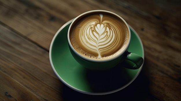 Eine grüne Tasse Kaffee mit Latte Art darauf