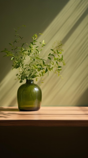 Eine grüne Vase mit einer Pflanze auf einer Tafel