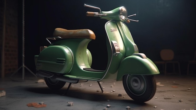 Eine grüne Vespa mit dem Wort „Vespa“ an der Seite