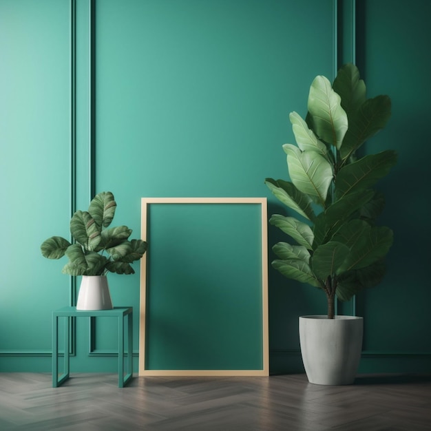 Eine grüne Wand mit einem Rahmen und Pflanzen darin