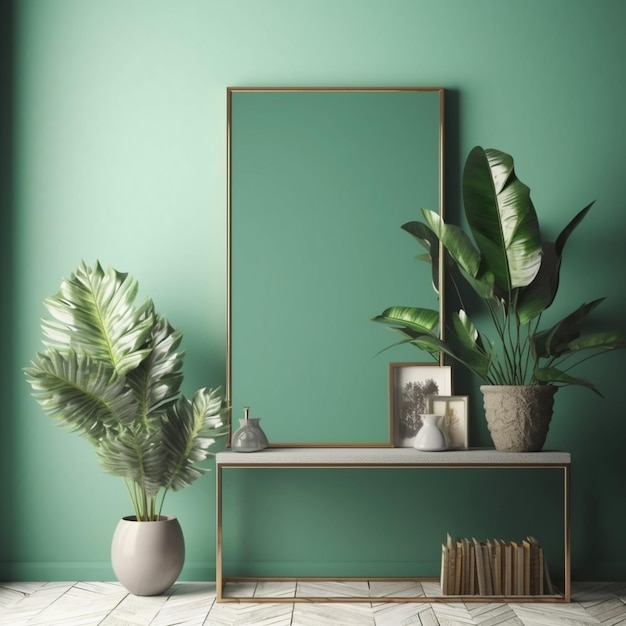 Eine grüne Wand mit einem Spiegel und Pflanzen darauf