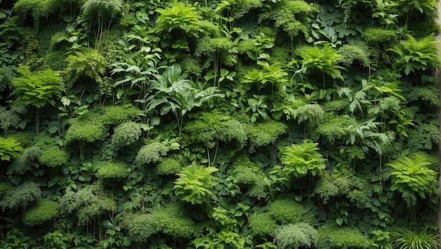 Foto eine grüne wand mit vielen pflanzen, die darauf wachsen