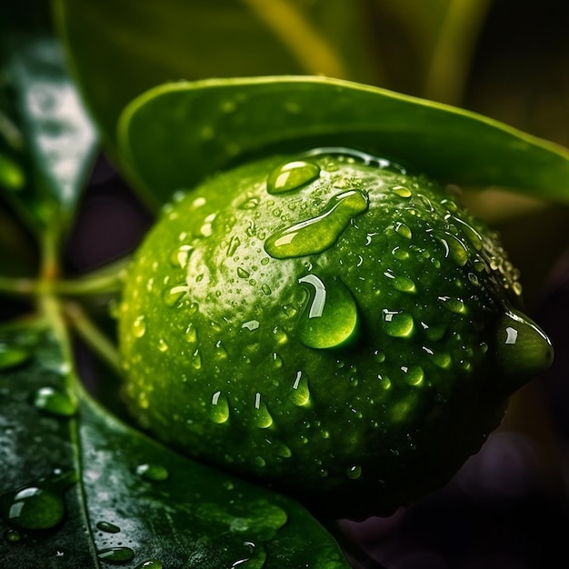 Eine grüne Zitrone mit Wassertropfen darauf