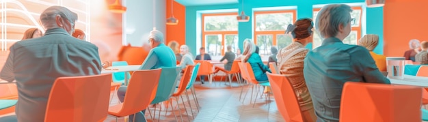 Foto eine gruppe älterer bürger sitzt in einer bunten cafeteria und isst und redet