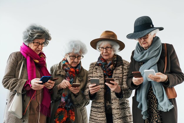 Eine Gruppe älterer Frauen betrachtet Smartphones auf weißem Hintergrund