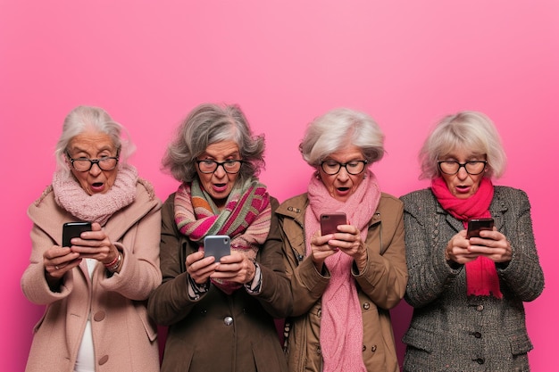 Eine Gruppe älterer Frauen schaut sich Smartphones auf rosa Hintergrund an