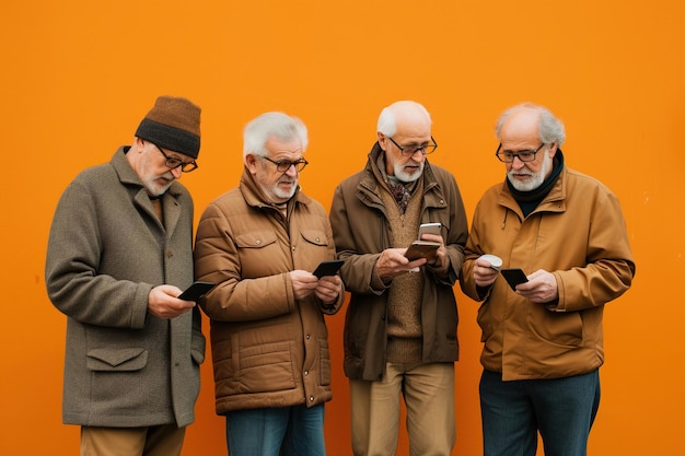 Eine Gruppe älterer Männer schaut auf Smartphones auf orangefarbenem Hintergrund