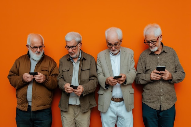 Eine Gruppe älterer Männer schaut auf Smartphones auf orangefarbenem Hintergrund