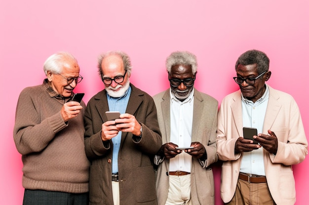 Eine Gruppe älterer Männer schaut sich Smartphones auf rosa Hintergrund an