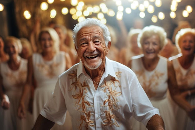 Eine Gruppe älterer Menschen, die gemeinsam auf einer Party tanzen