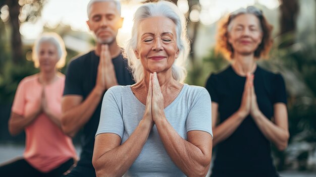 Eine Gruppe älterer Menschen, die in der Natur Yoga machen Horizontalformat